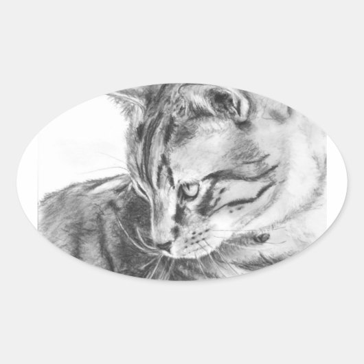Sticker Ovale Tabby gris chat croqué au charbon de bois (Devant)