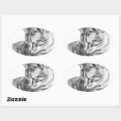 Sticker Ovale Tabby gris chat croqué au charbon de bois (Feuille)