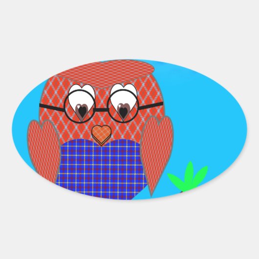 Sticker Ovale Tartan et Chouette des Coeurs (Devant)