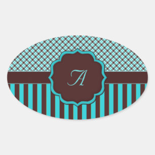 Sticker ovale Tartan Monogramme, Lt turquoise et B