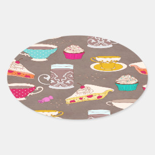 Sticker Ovale Tea party Dessert Print Cupcake Pie Doodle