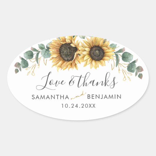 Sticker Ovale Tournesol Floral Eucalyptus Mariage Merci (Devant)