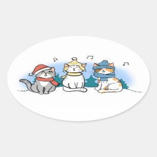 Sticker Ovale Trois chats chantent des chants de Noël dans le cl