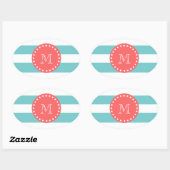 Sticker Ovale Turquoise Bleu Blancs Motif, Coral Monogramme (Feuille)