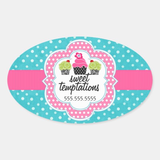 Sticker Ovale Turquoise Polka Dot Cupcake Bakery (Devant)