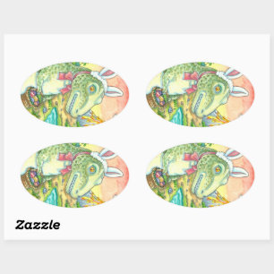 STICKER OVALE TYRANNOSAURUS, CUTE T-REX, EASTER BUNNY DINO