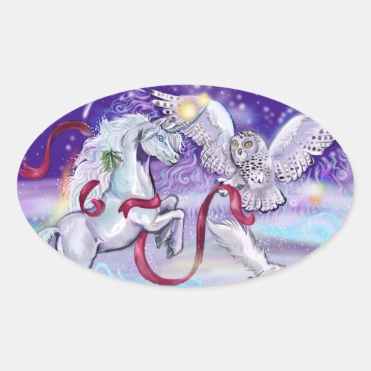 Sticker Ovale Unicorne magique d'hiver (Devant)