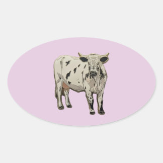 Sticker Ovale Vache à cornes blanches avec des taches brunes