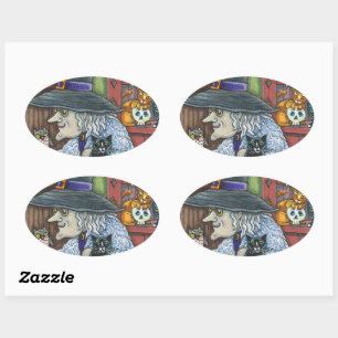 STICKER OVALE VIEILLE WITCH HAPPY HOME, BEAUCOUP DE CHATS & OWL