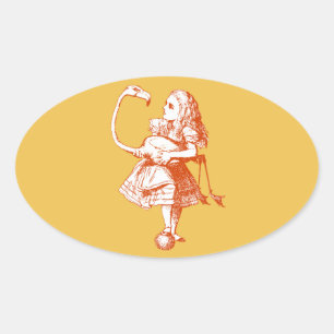 Sticker Ovale Vintage Alice au Flamant rose Wonderland