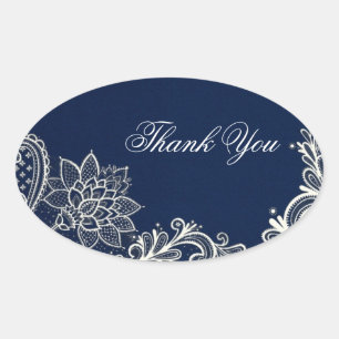 Sticker Ovale vintage blanc dentelle marine bleu mariage merci