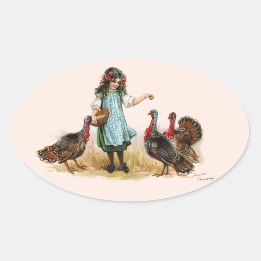 Sticker ovale vintage Farm Girl & Turkeys (Devant)