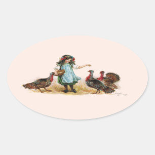 Sticker ovale vintage Farm Girl & Turkeys