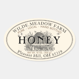 Sticker Ovale Vintage Skep Pure Hand Local Bouteille Miel cru