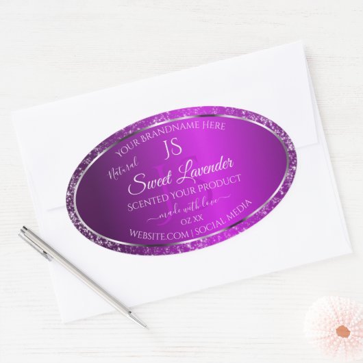 Sticker Ovale Violet classique avec initiales de Parties scintil (Enveloppe)