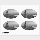 Sticker Ovale Vue aérienne en noir et blanc de New York City Nig (Feuille)