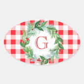 Sticker Ovale Watercolor Pine Wreath MONOGRAM Red Check (Devant)
