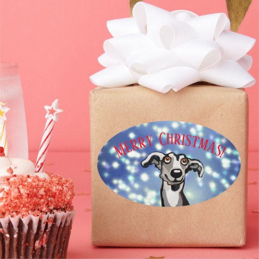Sticker Ovale Whippet nuit étoilée, Joyeux Noël (Fête)