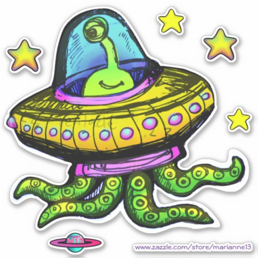 Sticker OVNI Alien Avec Tentacles Art (Devant)