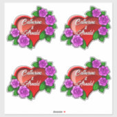 Sticker Pack 4 Coeur rouge romantique avec roses roses (Feuille)