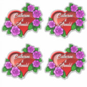 Sticker Pack 4 Coeur rouge romantique avec roses roses (Devant)