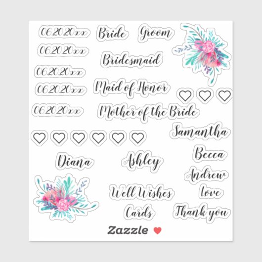 Sticker Pack mariage | Noms typographiques dates verre flo (Feuille)