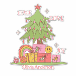 Sticker Paix, amour et joie - Arbre de Noël rétro en rose