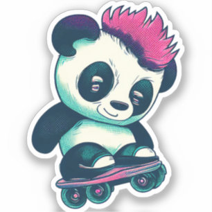Sticker Panda bébé mignonne avec mohawk   Panda de patinag