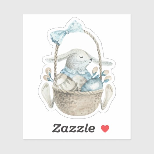 Sticker Panier d'oeufs de lapin bleu Pâques Aquarelle (Feuille)