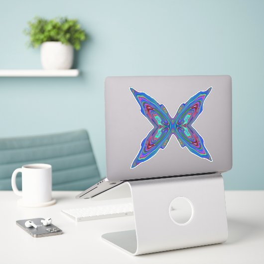 Sticker Papillon Abstrait Bleu et Rouge Rétro Tripant (Ordinateur portable sur le bureau)