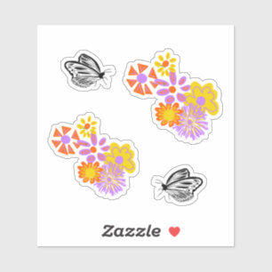 Sticker Papillon blanc noir orangé fleurs jaunes
