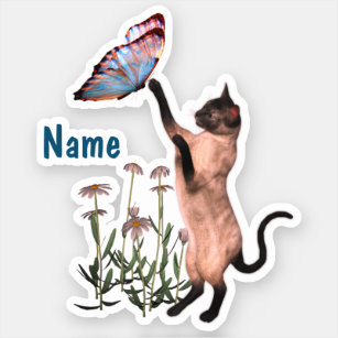 Sticker Papillon bleu chat siamois mou Personnalisé 