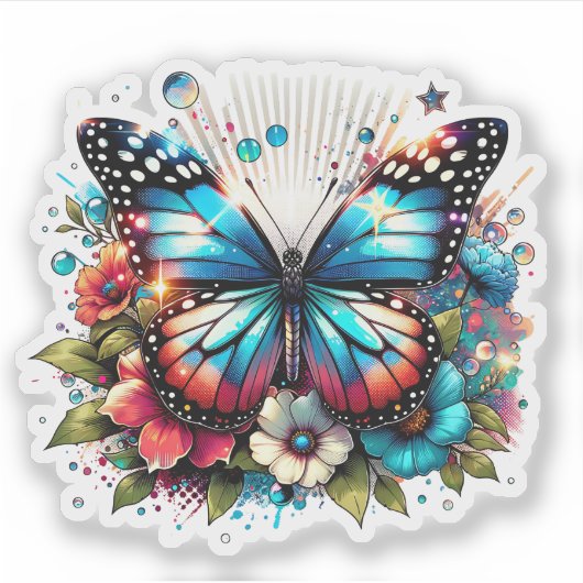 Sticker Papillon bleu et fleurs (Devant)