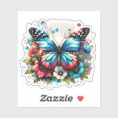 Sticker Papillon bleu et fleurs (Feuille)