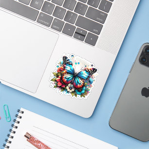 Sticker Papillon bleu et fleurs