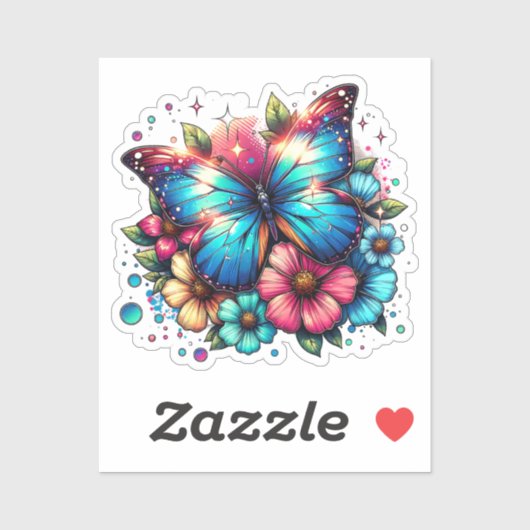 Sticker Papillon bleu et fleurs roses (Feuille)