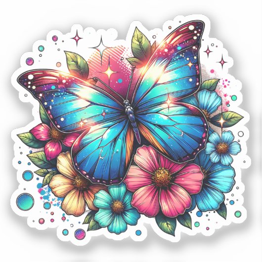 Sticker Papillon bleu et fleurs roses (Recto)