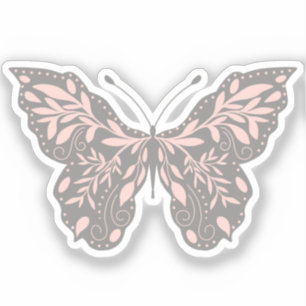 Sticker Papillon botanique rose et gris