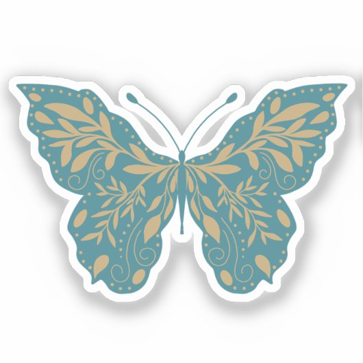 Sticker Papillon botanique sarcelle et or (Recto)