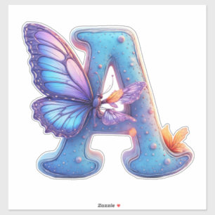 Sticker Papillon Coloré Posé Sur La Lettre A Bleue Clair