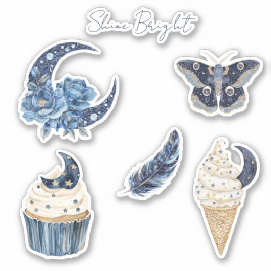 Sticker Papillon cône de glace cupcake lune florale bleue (Devant)