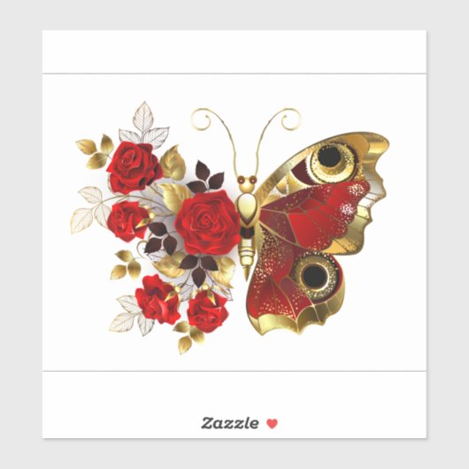 Sticker Papillon de fleurs rouges aux roses rouges (Feuille)