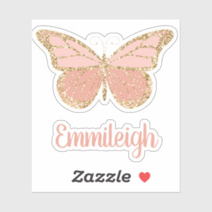 Sticker Papillon doré pailleté rose pastel avec nom