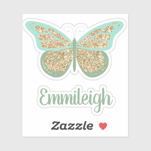 Sticker Papillon doré pailleté vert menthe avec nom (Feuille)