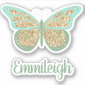 Sticker Papillon doré pailleté vert menthe avec nom (Devant)