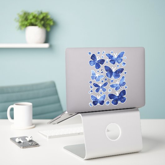 Sticker Papillons bleus Aquarelle Peinture Nature (Ordinateur portable sur le bureau)