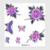 Sticker Papillons crâniens Roses de tatouage rose pourpre (Feuille)