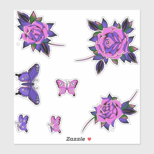 Sticker Papillons crâniens Roses de tatouage rose pourpre (Feuille)