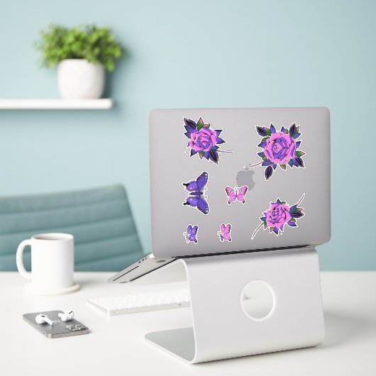 Sticker Papillons crâniens Roses de tatouage rose pourpre (Ordinateur portable sur le bureau)