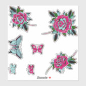 Sticker Papillons Rose de tatouage bleu rose (Feuille)